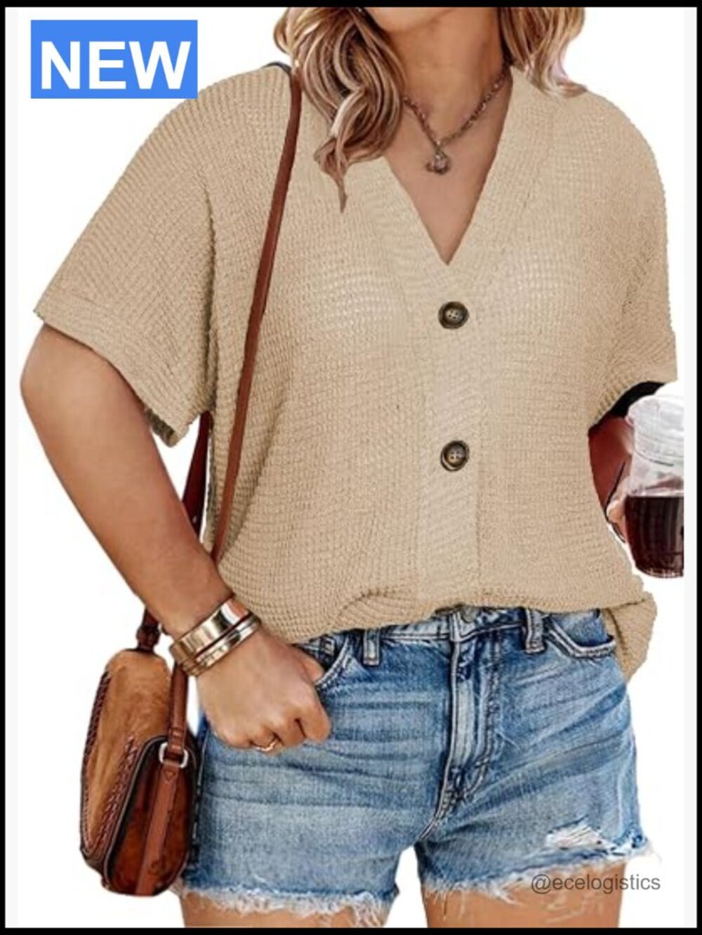 Women's Plus Size Short Sleeve Waffle Knit Button Down Top Cardigan